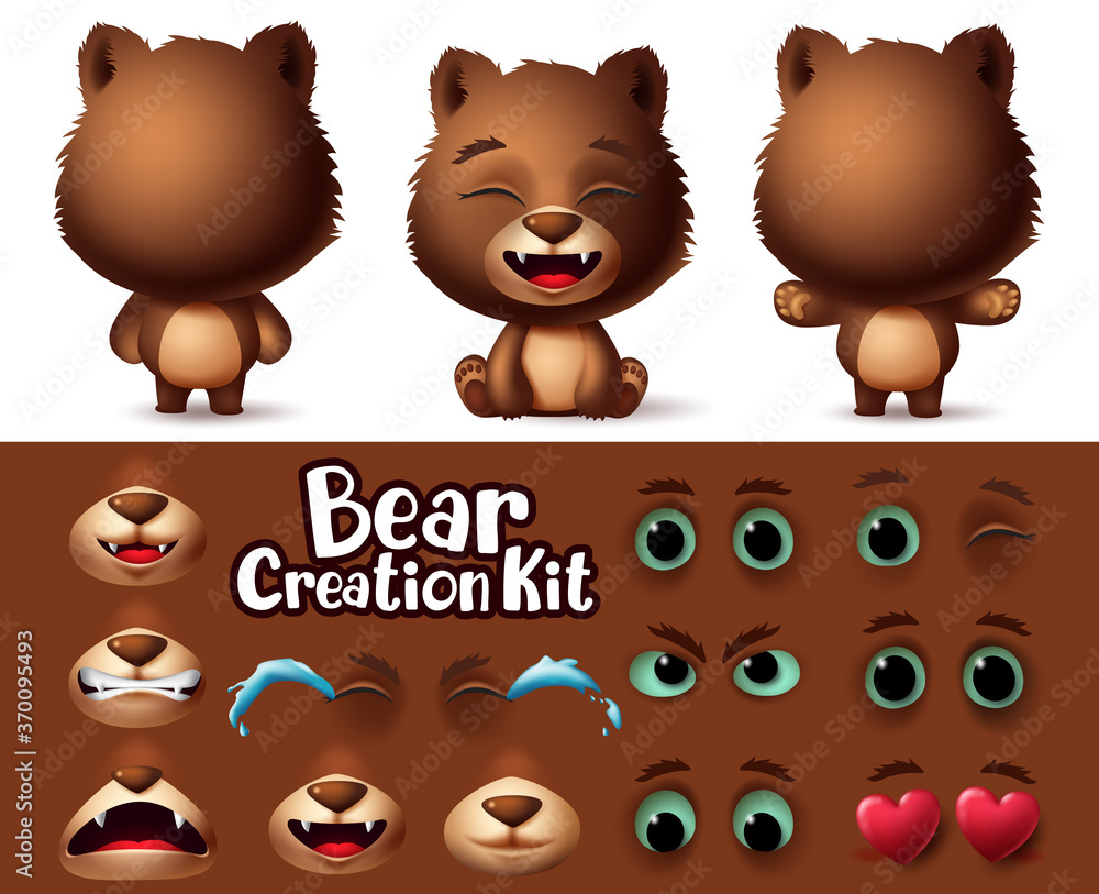 Poster bears animal characters creation vector set. bear character kit editable create with different feeli