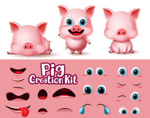 Pigs animal characters creation vector set. Pig animals character eyes and mouth editable create kit in cute expression and emotion for piggy piglet cartoon collection design. Vector illustration