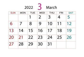 2022年　カレンダー　3月