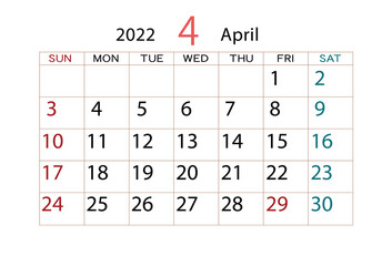 2022年　カレンダー　4月
