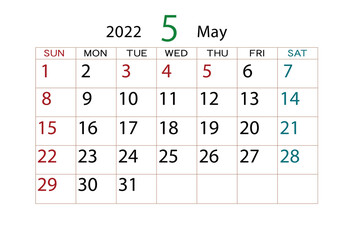 2022年　カレンダー　5月