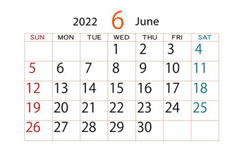 2022年　カレンダー　6月