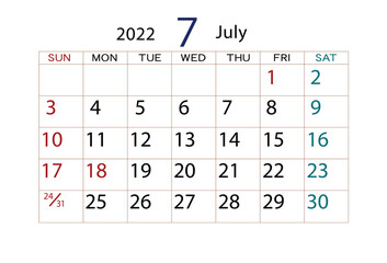 2022年　カレンダー　7月
