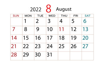 2022年　カレンダー　8月