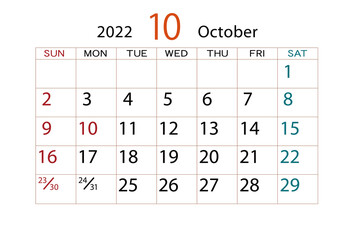 2022年　カレンダー　10月