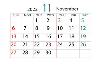 2022年　カレンダー　11月