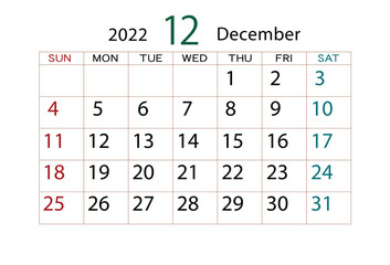2022年　カレンダー　12月