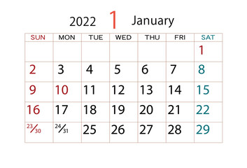 2022年　カレンダー　1月