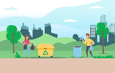 Illustration People collect and sort garbage in city park vector flat illustration. Men and woman taking care of the planet by collecting waste in bags.  Suitable for Diagrams, Infographic, Game Asset