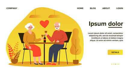 Happy senior couple date. Grey haired man and woman drinking wine, red heart flat vector illustration. Love, romance in any age, anniversary concept for banner, website design or landing web page