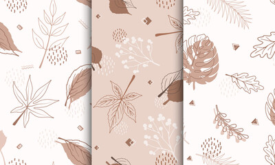 Set of samples pattern with abstract autumn elements, shapes, plants and leaves in one line style. For mobile app page, web, wrapping paper, textile template. Vector minimalistic illustration.