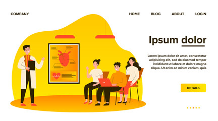 Medical college students listening to doctor lecture in classroom. Audience of young people classroom asking questions to speaker about heart surgery. For conference, seminar, education concept