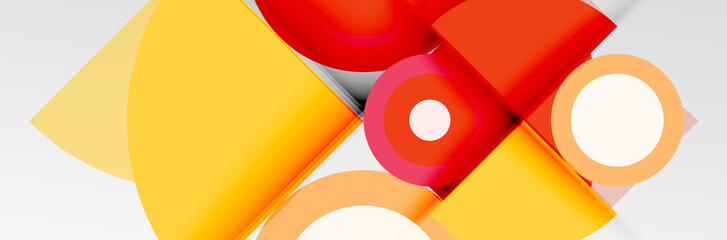 Bright color circles, abstract round shapes and triangles composition with shadow effects. Vector modern geometric design template