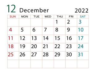 2022年カレンダー　12月