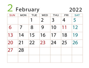 2022年カレンダー　2月