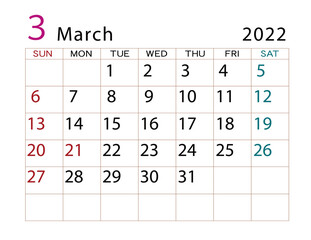 2022年カレンダー　3月