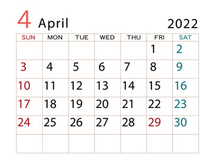2022年カレンダー　4月