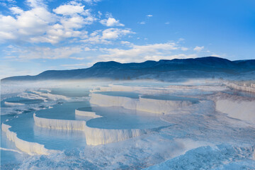 Natural travertine pools and terraces in Pamukkale. Cotton castle in southwestern Turkey,