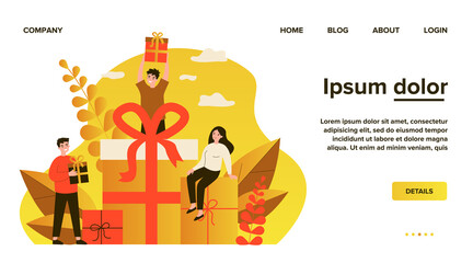 Loyal customers getting gifts and bonuses from store. Happy young people receiving gift boxes. Vector illustration for reward, loyalty program, promotion, marketing concept