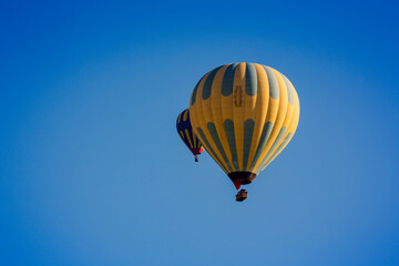 Hot air balloons profiled on clear blue sky, in Cappadocia, Turkey