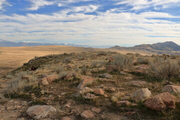 Rocky landscape at Antelope Island surrounded by snowcapped mountains, Utah