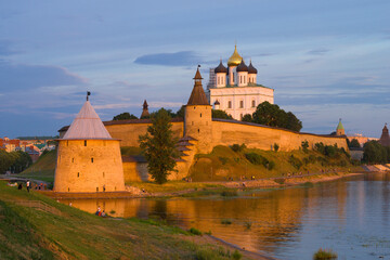 View of the Pskov Kremlin on a sunny July evening. Pskov, Russia