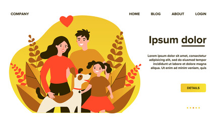 Parents presenting pet to their child flat vector abstract illustration. Happy family adopting dog. Little girl greeting new friend. Charity and animal adoption concept.