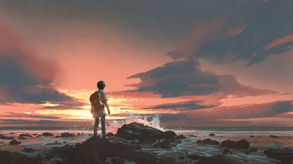 Foto op Canvas een jongen die met gitaar staat tegen de achtergrond van de zonsondergang, digitale kunststijl, illustratie, schilderkunst © grandfailure