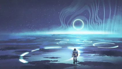 Tuinposter ruimtevaarder die op planeet loopt met gloeiend blauw ringlicht, digitale kunststijl, illustratie, schilderkunst © grandfailure