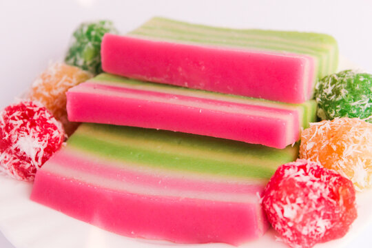layer cake and klepon cake are colorful Indonesian traditional cakes