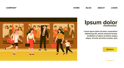 People going to work or school at morning. Transport, crowd, hurry flat vector illustration. Rush hour and city life concept for banner, website design or landing web page