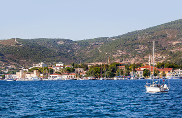 Many boats in the marina with coastline of resort town of Foca - Izmir, Turkey