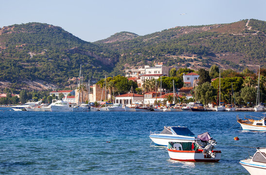 Many boats in the marina with coastline of resort town of Foca - Izmir, Turkey
