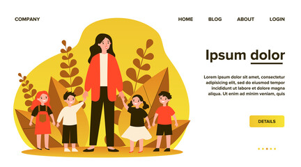 Kindergarten teacher walking with kids. Positive young woman leading happy kids by hands outdoors. Vector illustration for pedagogy, preschool, primary school, education concept