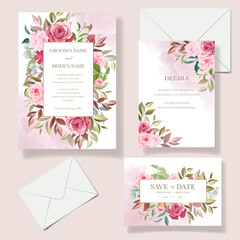 Wedding invitation card template set with beautiful floral decorations