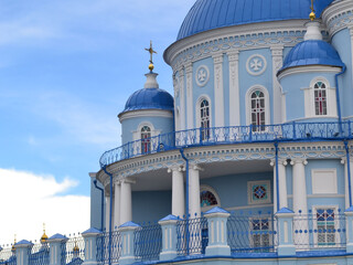 Orthodox Church in Russia. Church in blue and white. Church against the blue sky.