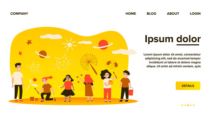 Multiethnic group of children drawing with crayons, paintbrushes, paints. Happy kids painting on wall. Vector illustration for childhood, imagination, leisure concept