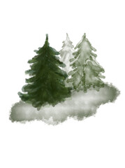 Scenic pine forest. Hand drawn watercolor fir trees. Isolated on white background. Stationery, travel design. Trendy scenic landscape. Adventure and travel concept. Tourism illustration.