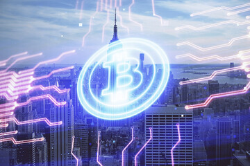 Double exposure of crypto currency theme hologram drawing and city veiw background. Concept of...
