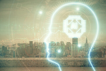 Brain hologram drawing on cityscape background multi exposure. Ai in modern city concept.