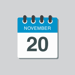 Calendar icon day 20 November, template icon day