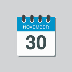 Calendar icon day 30 November, template icon day
