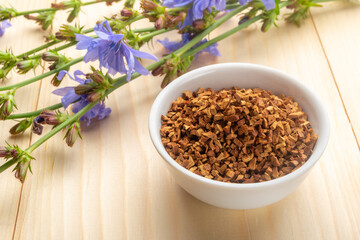 Chicory and sublimated root of chicory in white bowl on wooden table