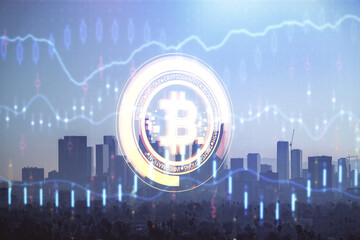 Double exposure of crypto currency theme hologram drawing and city veiw background. Concept of blockchain and bitcoin.