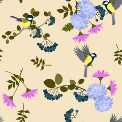 Seamless vector illustration with flowers of chrysanthemum,berries and birds