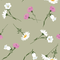 Seamless vector summer illustration with daisies, field bells and cornflowers.