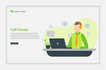 Illustration vector Call center concept landing page with Call center operators working in line with their headsets in office. Header, banner for your website