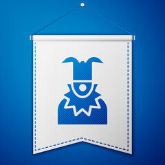 Blue Joker head icon isolated on blue background. Jester sign. White pennant template. Vector.