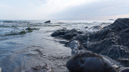 Low level beach view with shore line rock pools