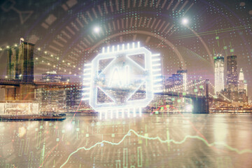 Data theme hologram drawing on city view with skyscrapers background multi exposure. Ai concept.